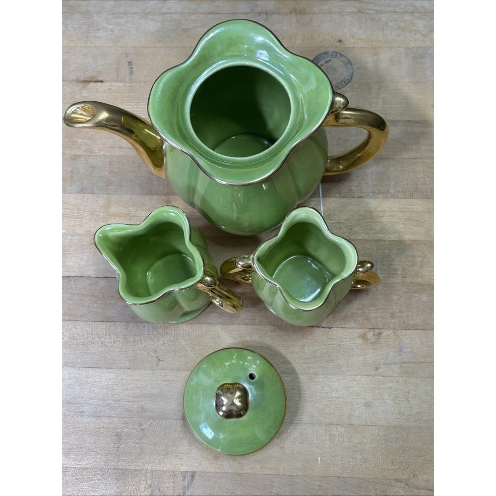 Vintage Pearl China Lime Green Lusterware Tea Set 22K Gold Teapot Creamer Sugar